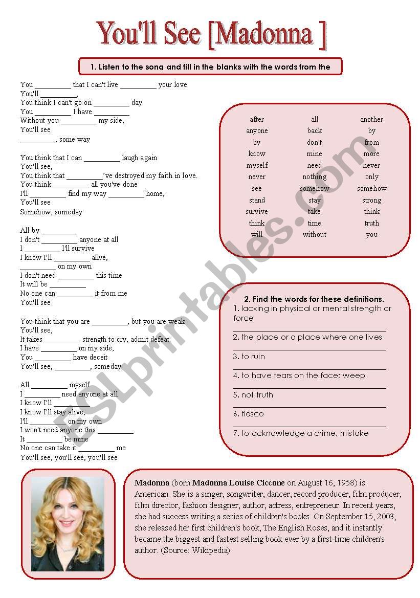 SONG!!! YouÂ´ll See [Madonna ] - Printer-friendly version included